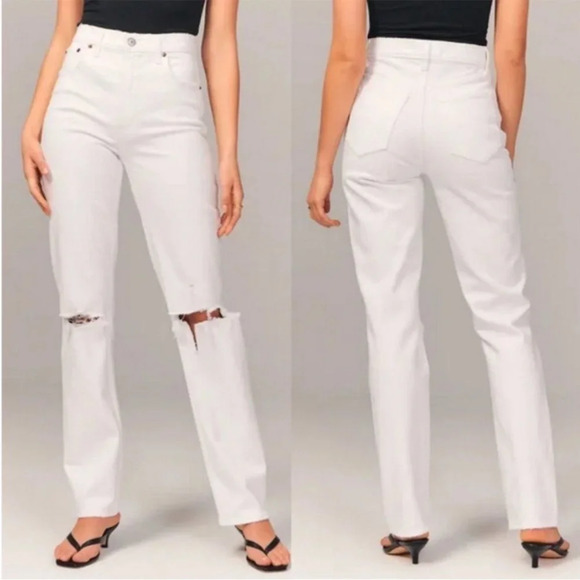 Abercrombie & Fitch Denim - A+F 90s Straight Ultra High Rise Distressed White Jeans